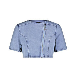 Aleeza Paris Naomi Blue Denim Stretchy Cropped Jacket Blazer TOP XL - $108 NWT